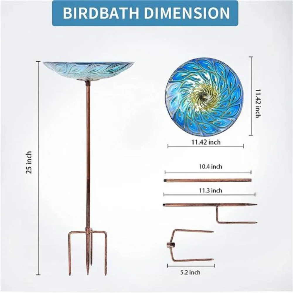 Glass Bird Bath, Garden Outdoor Birdbaths Birdfeeder with Metal Stake Peacock